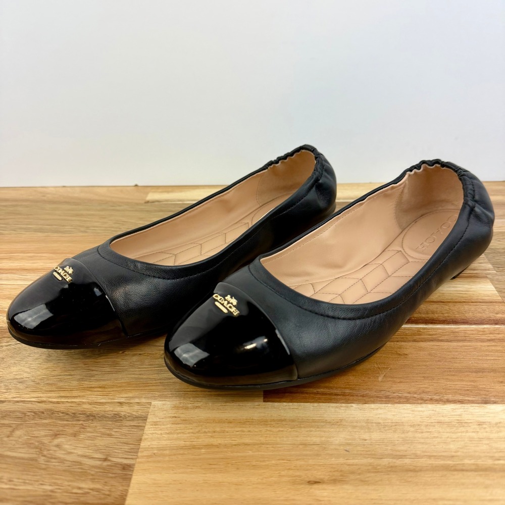 Coach Leah Black Leather Patent Cap Toe Ballet Flats Gold Logo Womens 11B